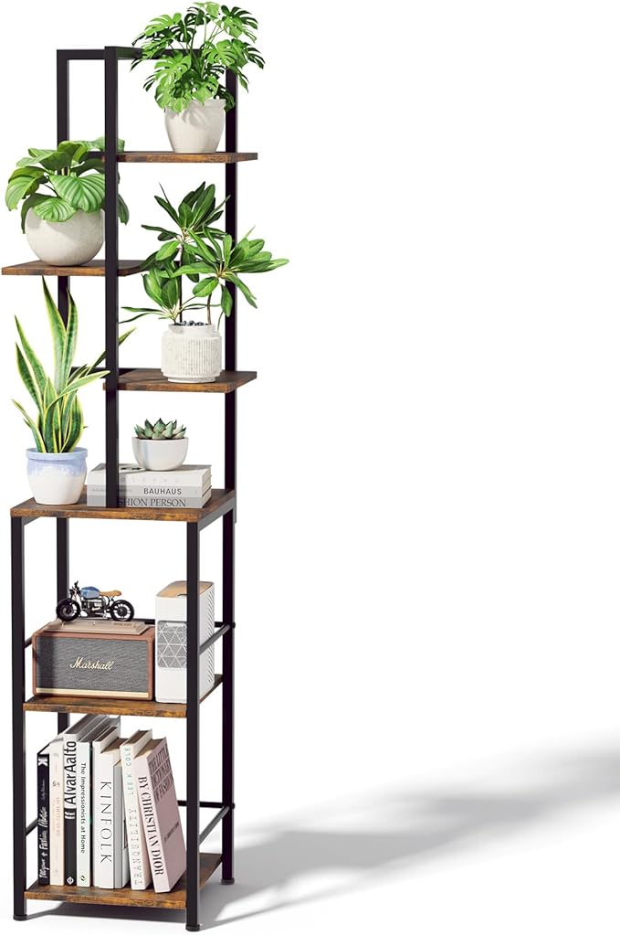 Plant Stand Indoor with Grow Light, 6-Tiered Tall Plant Stand Indoor, Metal Plant Shelf with Bookshelf Bookcase and Adjustable Light, Ideal for Living Room, Reading room, Garden, Patio (Brown)