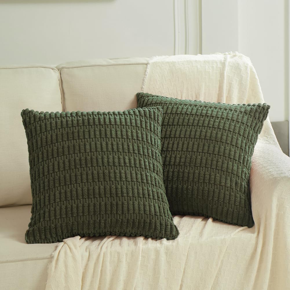 Fancy Homi 4 Packs Boho Olive Green Decorative Throw Pillow Covers 24x24 Inch for Couch Bed Sofa, Rustic Modern Farmhouse Home Decor, Soft Plush Corduroy Cute Square Cushion Case 60x60 cm