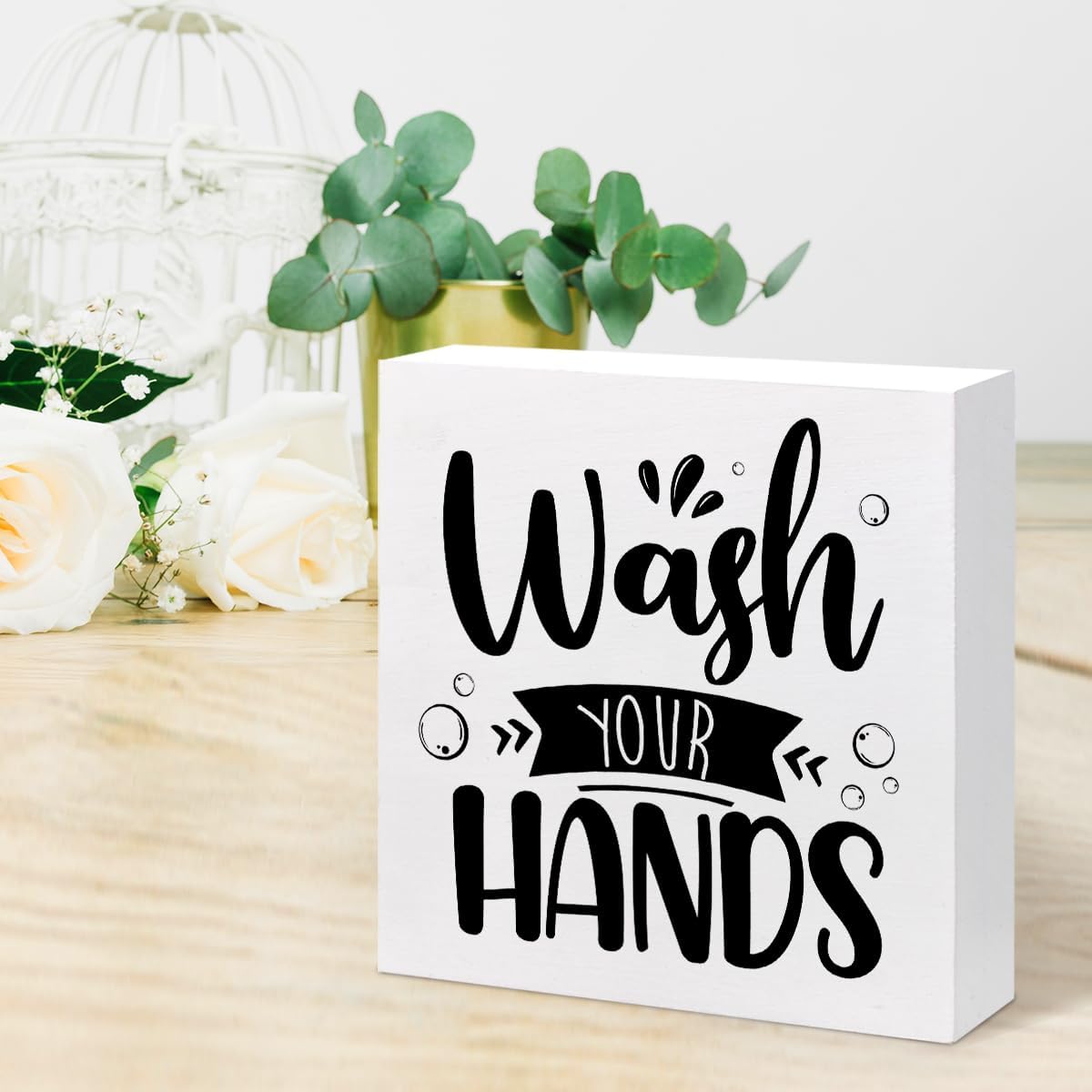 Funny Bathroom Wooden Box Sign,Wash Your Hands Bathroom Wood Block Plaque Sign for Home Restroom Shelf Wall Toilet Decor