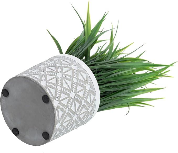 MyGift 9 Inch Artificial Green Grass Plants in Modern Concrete Pot with Geometric Embossed Pattern, Faux Greenery Plant Centerpiece Decorative Round Planter