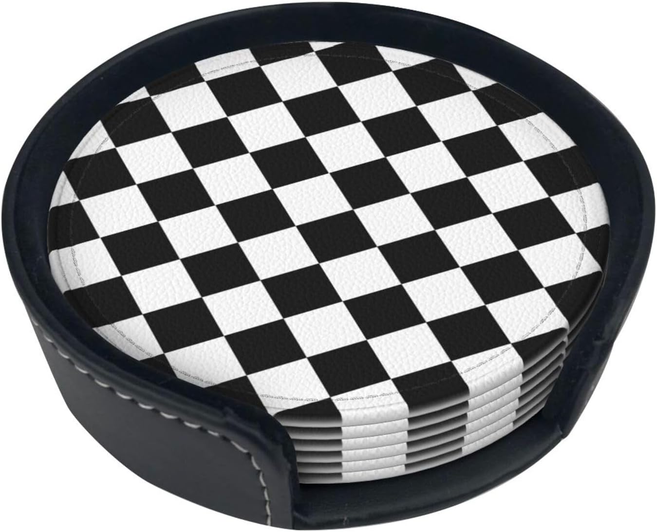 Drink Coasters with Holder Stand Set of 6 Black and White Checkerboard Pu Leather Absorbent Coasters with Cork Base Table Round Coaster for Housewarming Apartment Kitchen Bar Decor