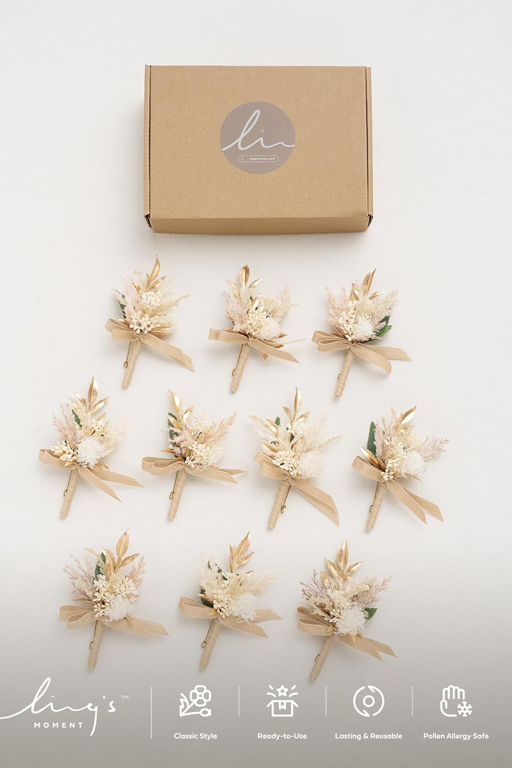 Ling's Moment Boutonniere for Men, 10pcs Groomsmen Guest Boutonniere, Artificial Flowers for Wedding Décor/Prom/Homecoming,etc.Beige