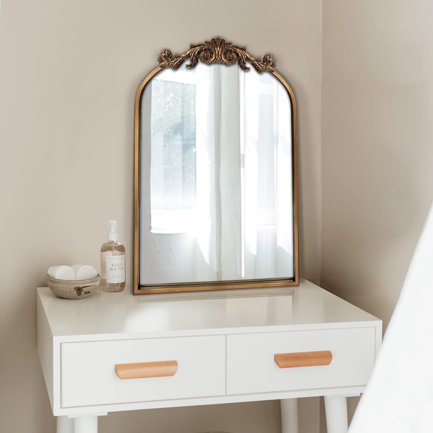 Gold Traditional Vintage Ornate Baroque Mirror,Gold Brass Mirror for Wall,Victorian Antique Bronze Mirrors Arched for Bathroom/Living Room/Hallway/Fireplace 19"X27"