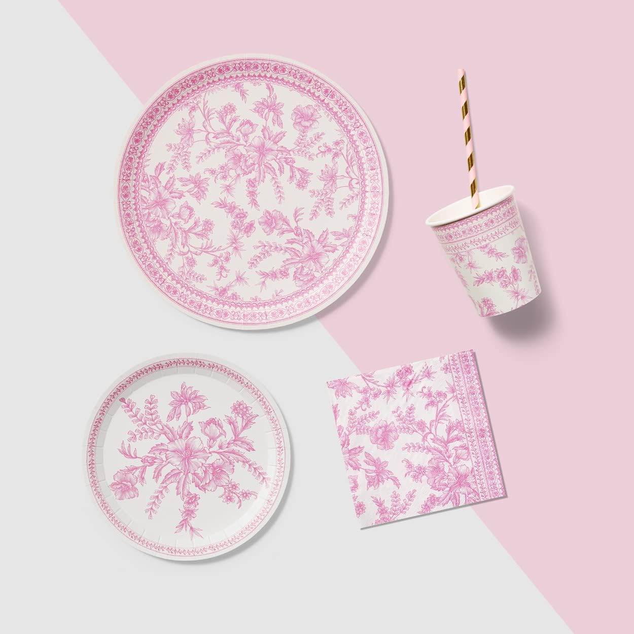 Coterie Pink Floral Paper Plates (Set of 10 Small) - For Bridal and Baby Shower, Garden Party, Birthday - 7.25" Fancy Plates
