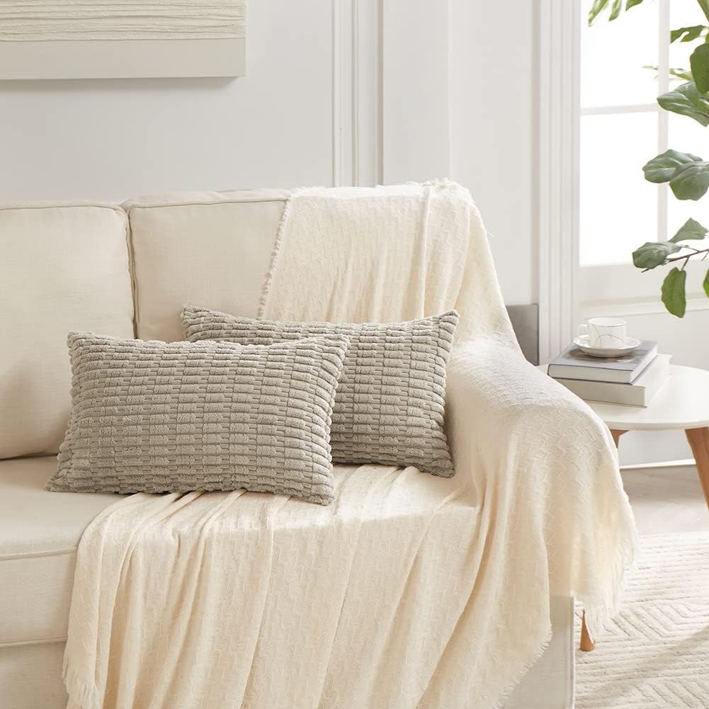 Fancy Homi Taupe Lumbar Decorative Throw Pillow Covers 12x20 Inch for Living Room Couch Bed Sofa, Rustic Farmhouse Boho Home Decor, Soft Striped Corduroy Rectangle Cushion Case 30x50 cm