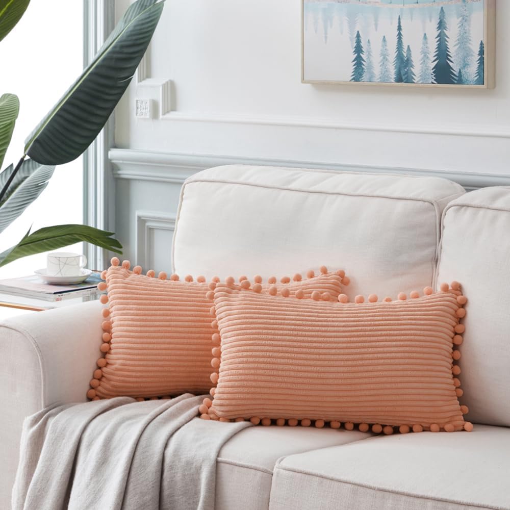 Fancy Homi 2 Pack Peach Lumbar Decorative Throw Pillow Covers 12x20 Inch with Pom-poms for Couch Bedroom Sofa, Farmhouse Boho Home Decor, Soft Coral Corduroy Solid Rectangle Cushion Case 30x50 cm