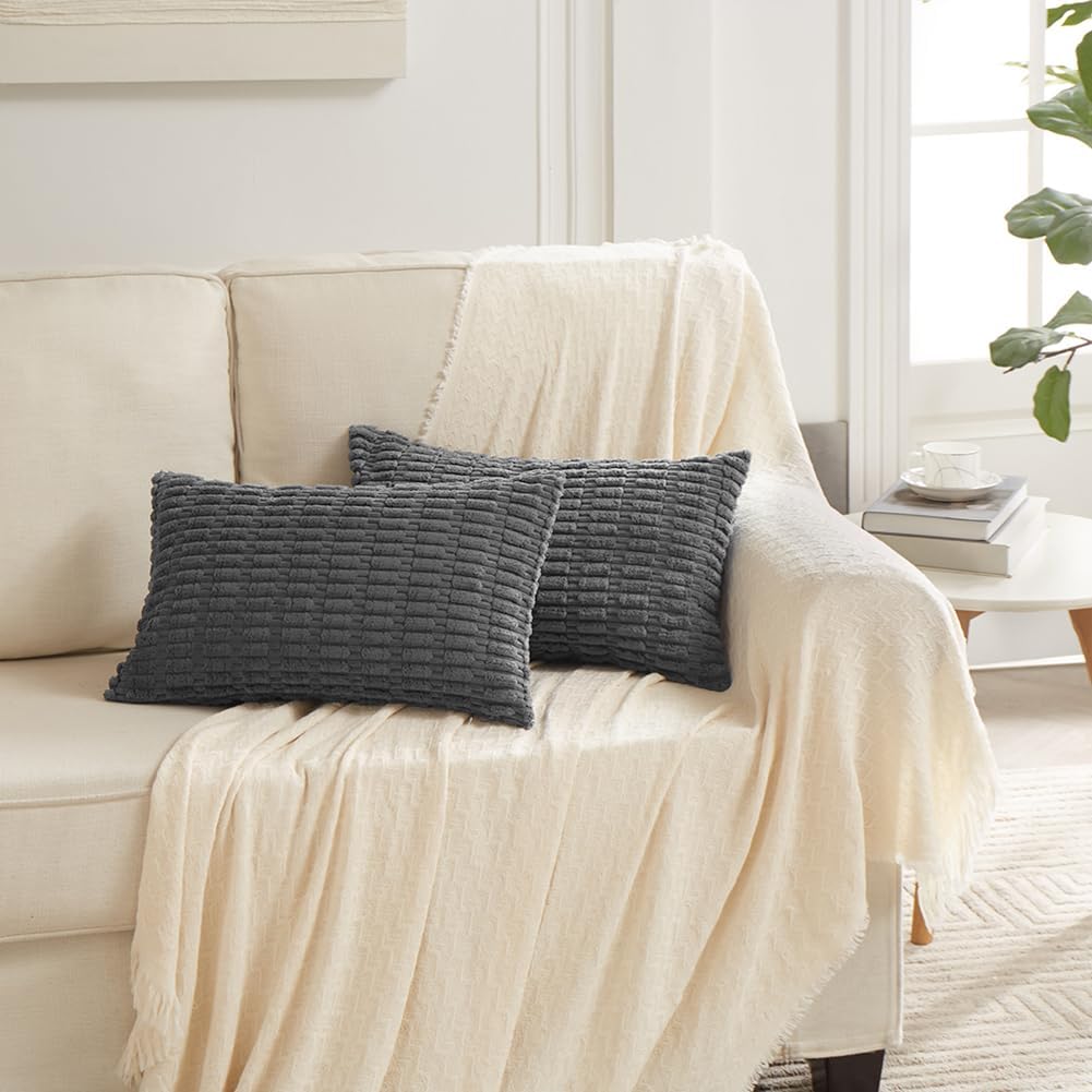 Fancy Homi 4 Packs Dark Grey Decorative Throw Pillow Covers 12x20 Inch for Couch Bed, Rustic Modern Farmhouse Boho Home Decor, Soft Plush Corduroy Gray Cute Square Accent Cushion Case 30x50 cm