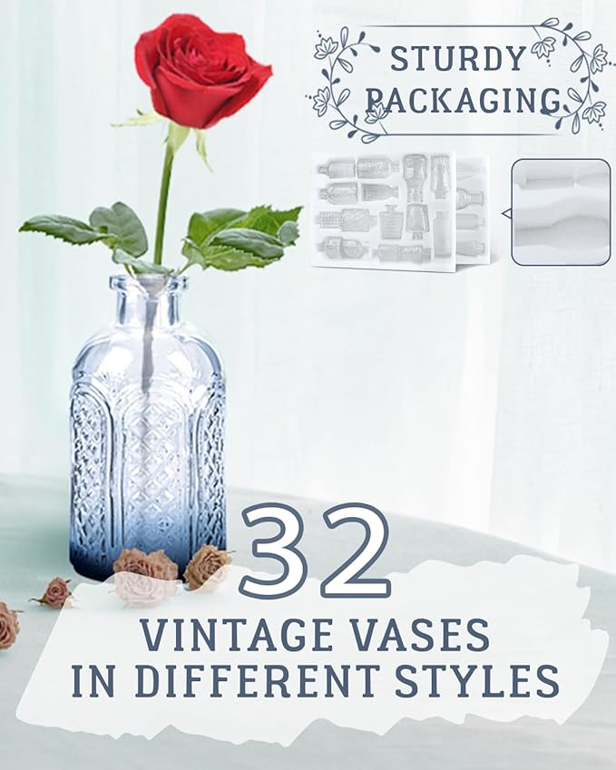 Yirilan Bud Vases Set of 32 PCS, Small Flower Vases for Table Centerpieces, Mini Vases for Single Stem Flowers, Glass Vases for Centerpieces, Wedding & Home Decor, Clear (Blue Gradient, 32 pcs)