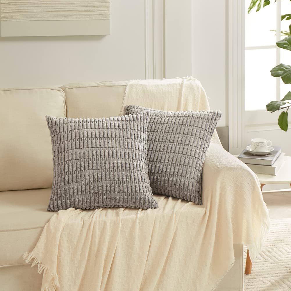 Fancy Homi 4 Packs Grey Decorative Throw Pillow Covers 18x18 Inch for Living Room Couch Bed, Rustic Modern Farmhouse Boho Home Decor, Soft Plush Corduroy Cute Accent Square Gray Cushion Case 45x45 cm