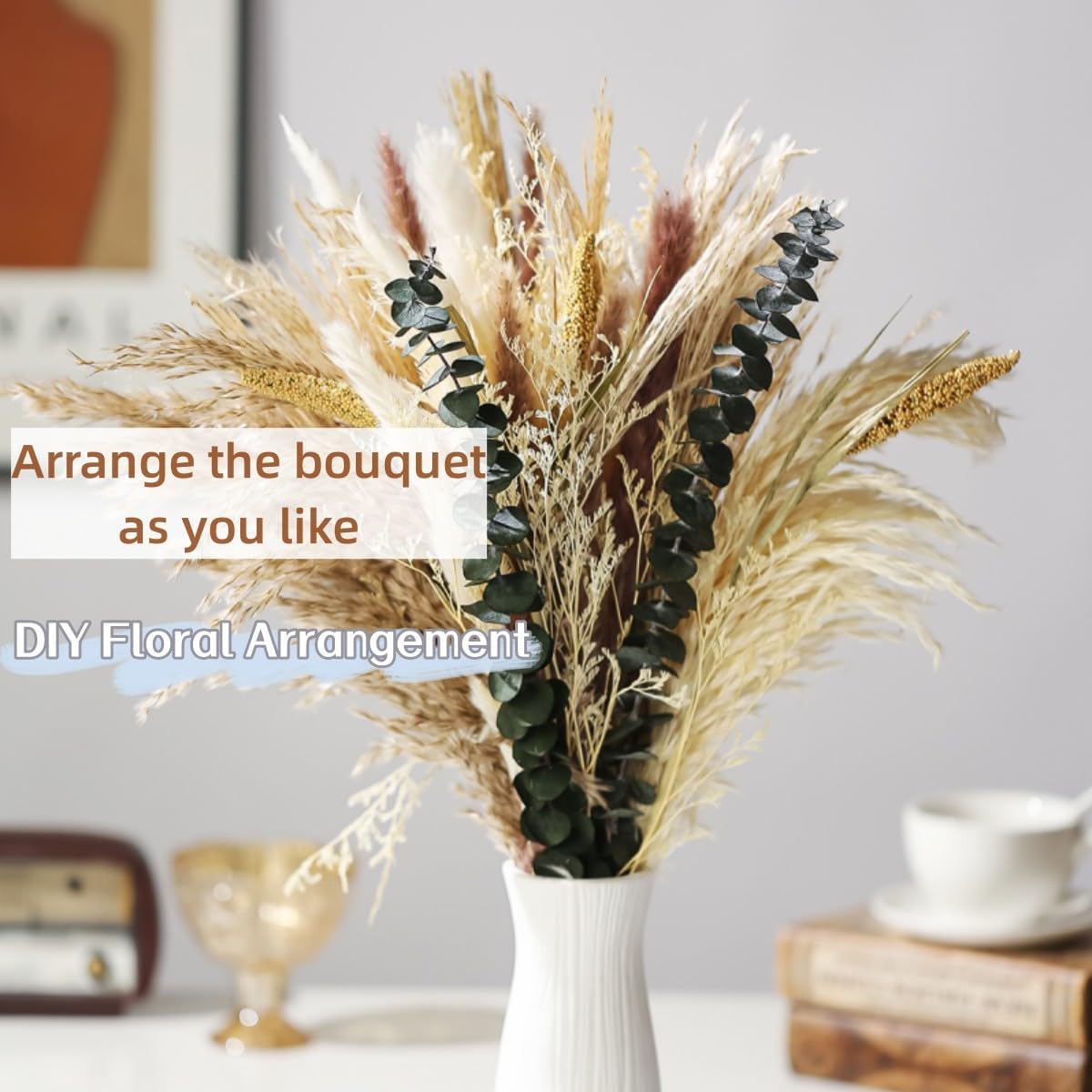 Dried Flowers Bouquet,Pampas Grass for Boho Decor,Rustic Farmhouse Flower for Bohemian Home,Bedroom,Living Room,Wedding Table Centerpieces(Bouquet A)