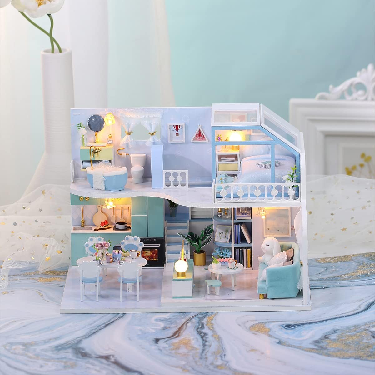 GuDoQi DIY Miniature Dollhouse Kit, Tiny House kit with Furniture, Miniature House Kit 1:24 Scale, Great Gift for Birthday Christmas Day, Beautiful Blue Room