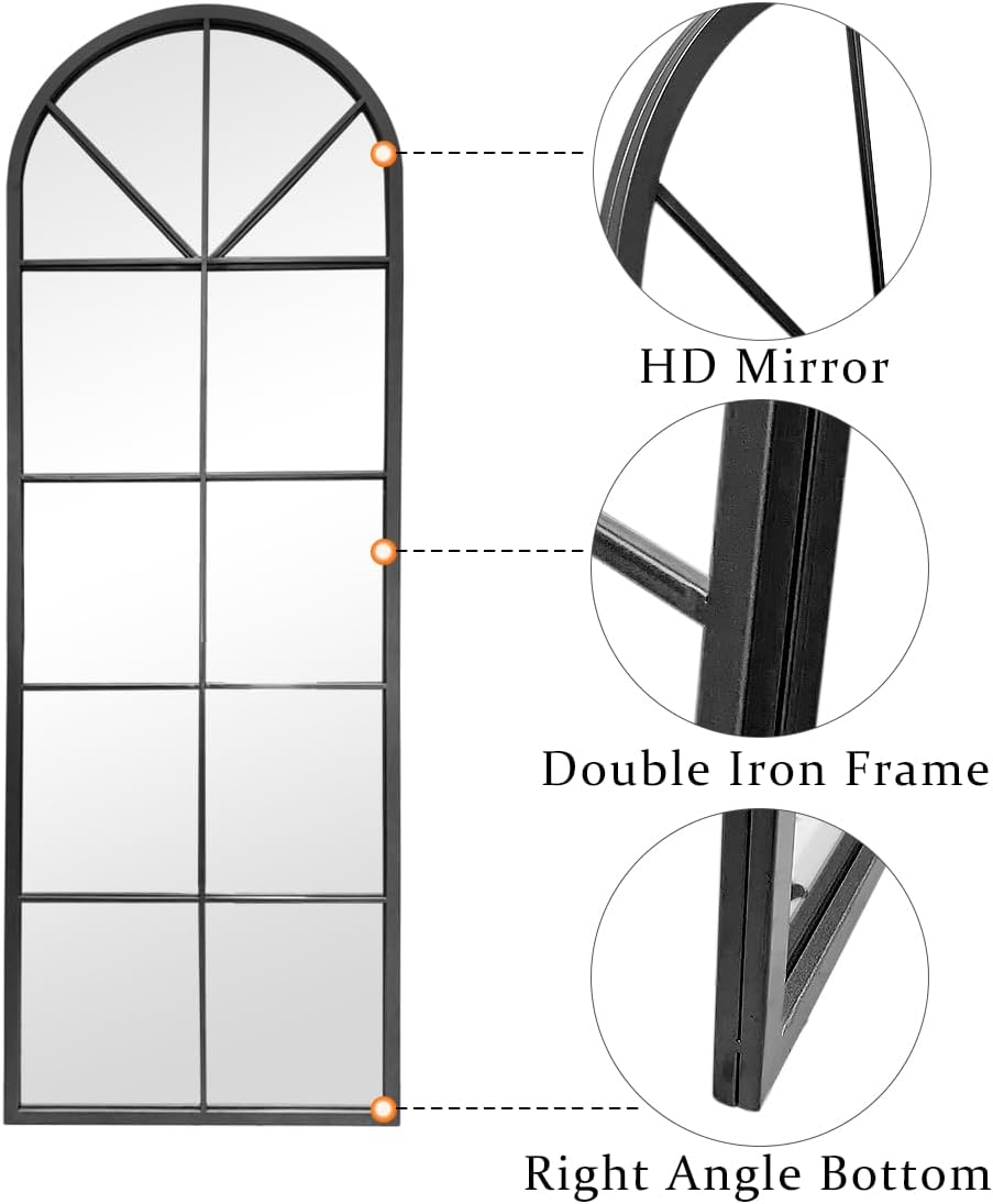 Floor Full Length Mirror, Black Arched-Top Mirror Full Length, Large Window Pane Body Mirrors, 65"x22" Wall Mounted Standing Mirrors Hanging or Leaning for Bedroom, No Stand