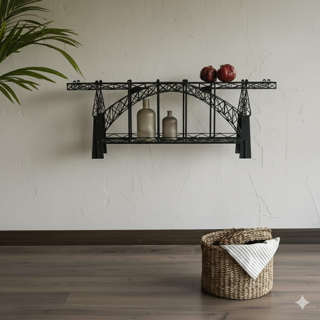 Metal Bridge Shelf – Iron Floating Shelf for Wall or Desk Use – Decorative Storage Rack for Books, Plants & Home Decor – Wall-Mounted or Tabletop Display (Dom Luis Black)