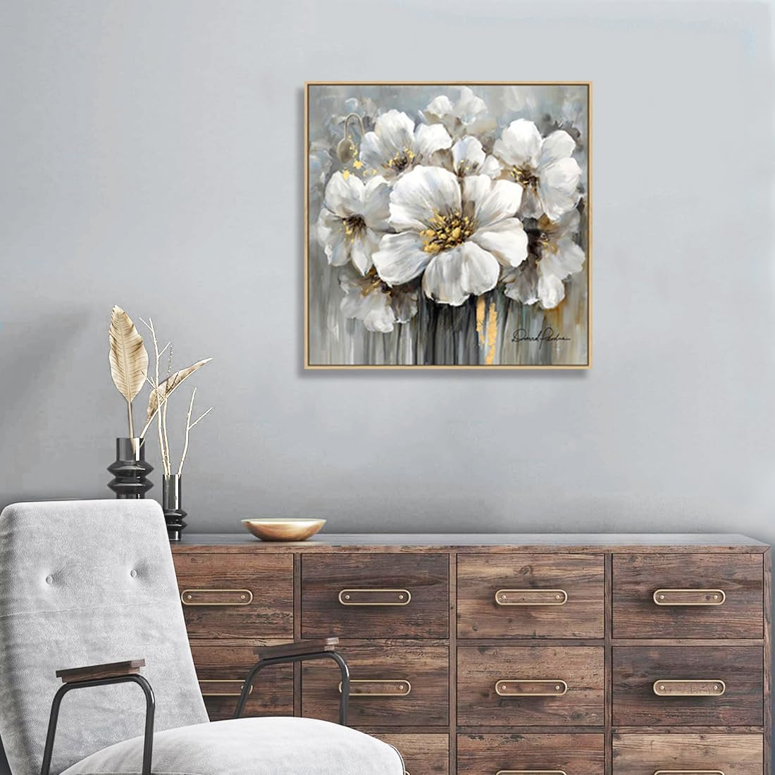 Living Room Flower Wall Art White and Gray Floral Picture with Gold on Canvas for Home Decor Framed 24" x 24", Solid Wood Frame