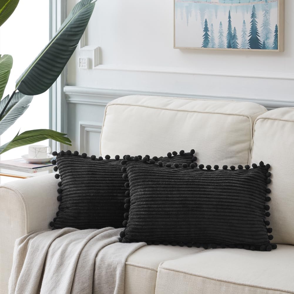 Fancy Homi 2 Pack Black Lumbar Decorative Throw Pillow Covers 12x24 Inch with Pom-poms for Couch Bedroom Sofa, Farmhouse Boho Home Decor, Soft Corduroy Solid Rectangle Cushion Case 30x60 cm