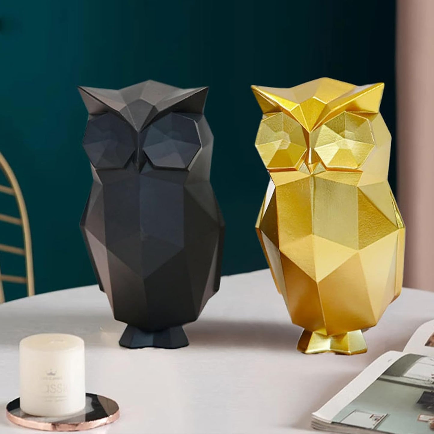 Black Geometric Owl Figurine - Premium Resin Small Decor for Home, Unique Gift for Owl Lovers & Housewarmings, 6.3 Inch Modern Animal Statue