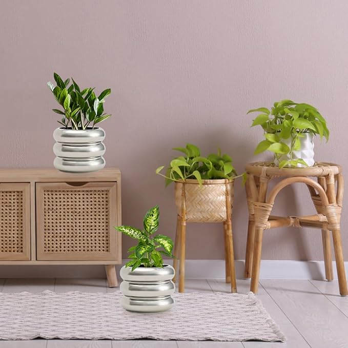 2 Piece Modern Ceramic Planter, 6.5/4.7 Inch Silver Plant Pot Set of 2 Unique Planters for Outdoor Indoor Flower Pots Plants with Drainage Holes Home & Office Decor with Mesh Pad