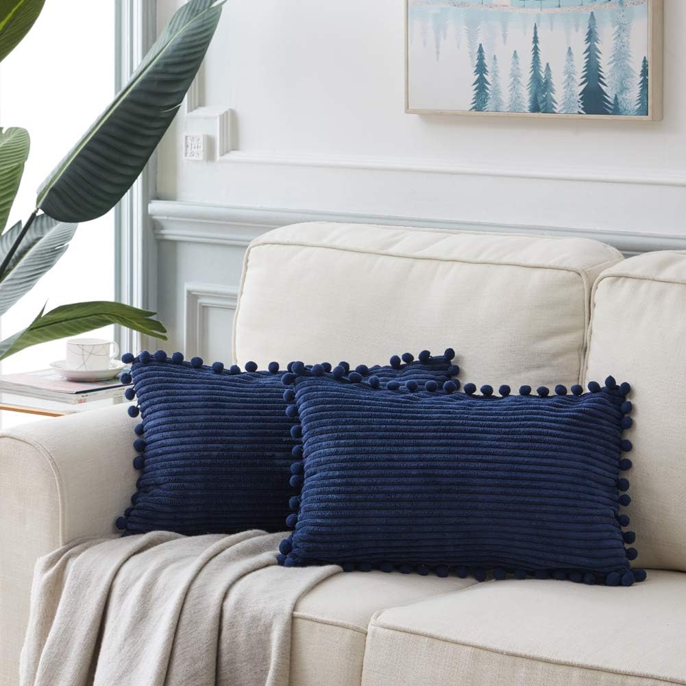 Fancy Homi Pack of 2 Boho Lumbar Decorative Throw Pillow Covers with Pom-poms, Soft Corduroy Solid Rectangle Cushion Cases Set for Couch Sofa Bedroom Car Living Room (12x20 Inch/30x50 cm, Navy Blue)
