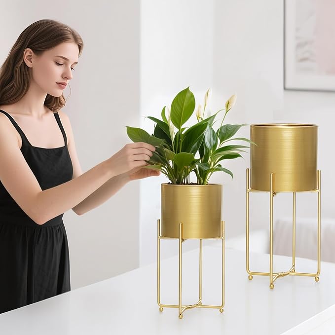 Sinolodo Gold Planters for Indoor Plants, Mid Century Floor Standing Tall Planter with Stands, 9/8/7 inch Plant Pots for Living Room Bedroom Office