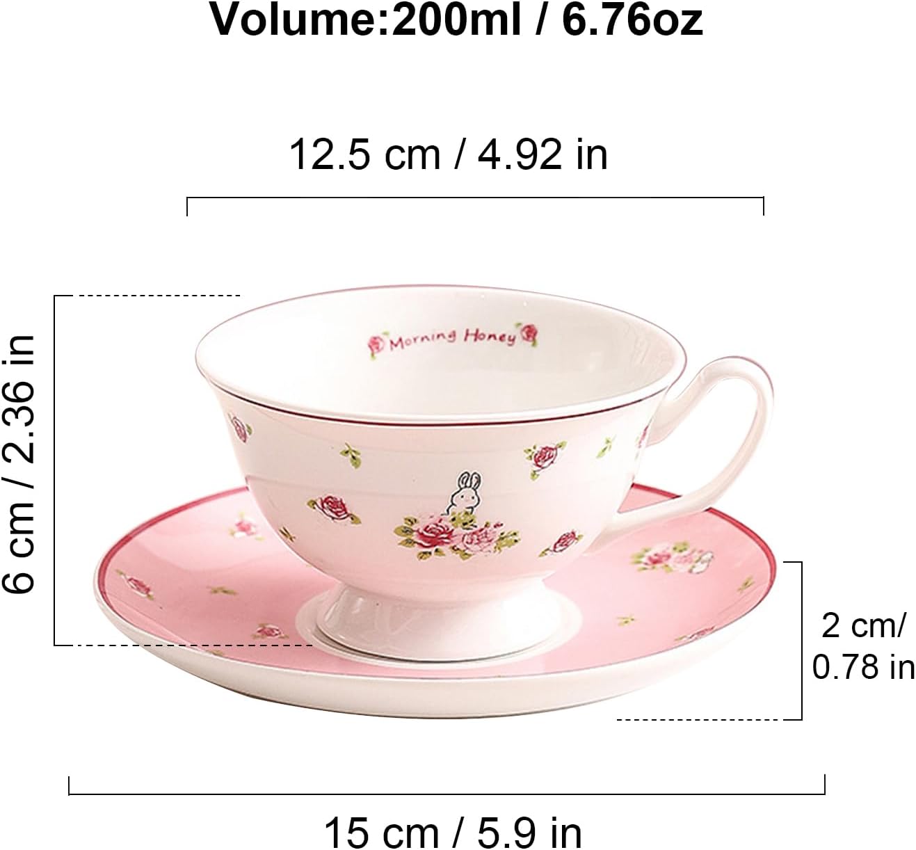 fanquare Cute Ceramic Cups with Pink Saucer, 6oz Rose Rabbit Coffee Mug, Single Elegant Tea Cup Set for Women Gift