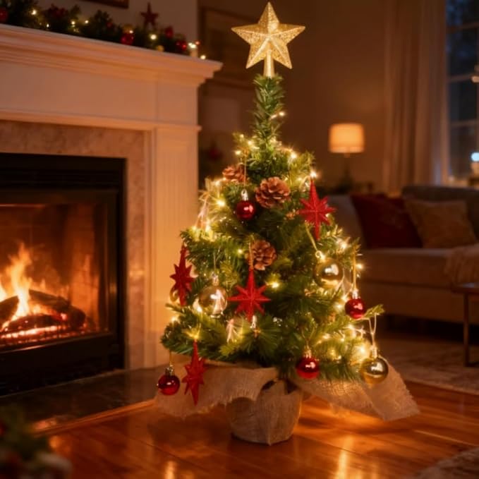 24 Inch Tabletop Mini Christmas Tree, Miniature Pine Christmas Tree with Hanging Ornaments, Battery Operated Artificial Xmas Tree, Best DIY Christmas Decorations