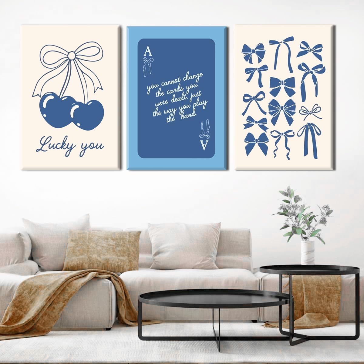 Julaydi Blue Preppy Wall Art Framed Set of 3 Trendy Navy Bow Posters Cherry Lucky You Poker Canvas Prints Minimalist Painting Picture Girly College Apartment Decor for Living Room Bedroom Dorm 16x24in
