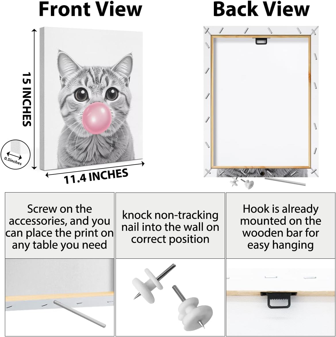 HZMLYDJ Tabby cat Wall Art Decor, Cute Cat Bubble Gum Wall Art Gifts for Girl Women Toddler Room Bedroom Living Room Bathroom Home Baby Nursery Poster Wall Decor Ready To Hang Aesthetic