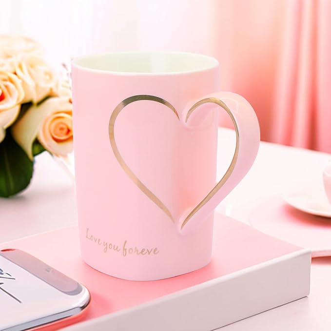 12oz Ceramic Coffee Mug Pink Coffee Mug Heart Shaped Pattern Design Heart Gift for Mother's Day Women Mom