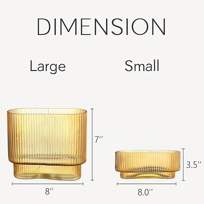 Short Glass Vases, Set of 2 Amber Glass Vases for Tulips, Ribbed Vase for Flowers, Modern Small Vase for Living Room, Dining Room, Bathroom, Desk, Shelf, Wedding, Office