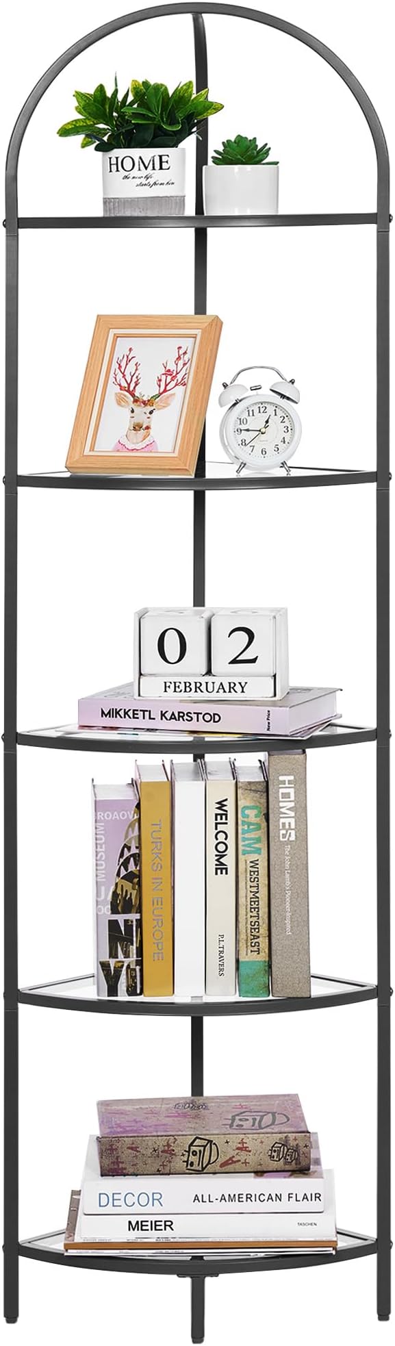 Homhedy 5-Tier Corner Shelf Stand, Metal Corner Bookshelf, Tempered Glass Shelves, Bathroom Storage Rack Shelf, Plant Stand, Modern Style, Black