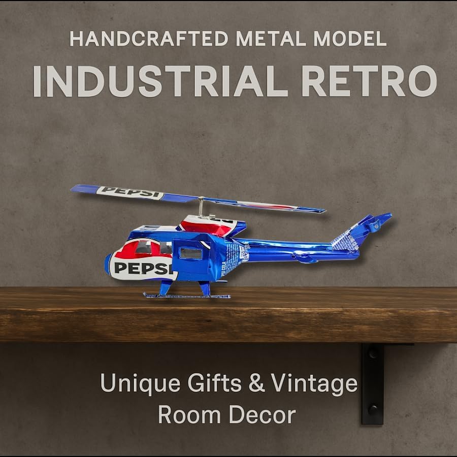 DYI Handcrafted Helicopter Model Made from Recycled Beer Cans — Small — Unique Gift for Beer Lovers, Dad, or Collectors — Eco-Friendly Bar Décor (Blue-Large)