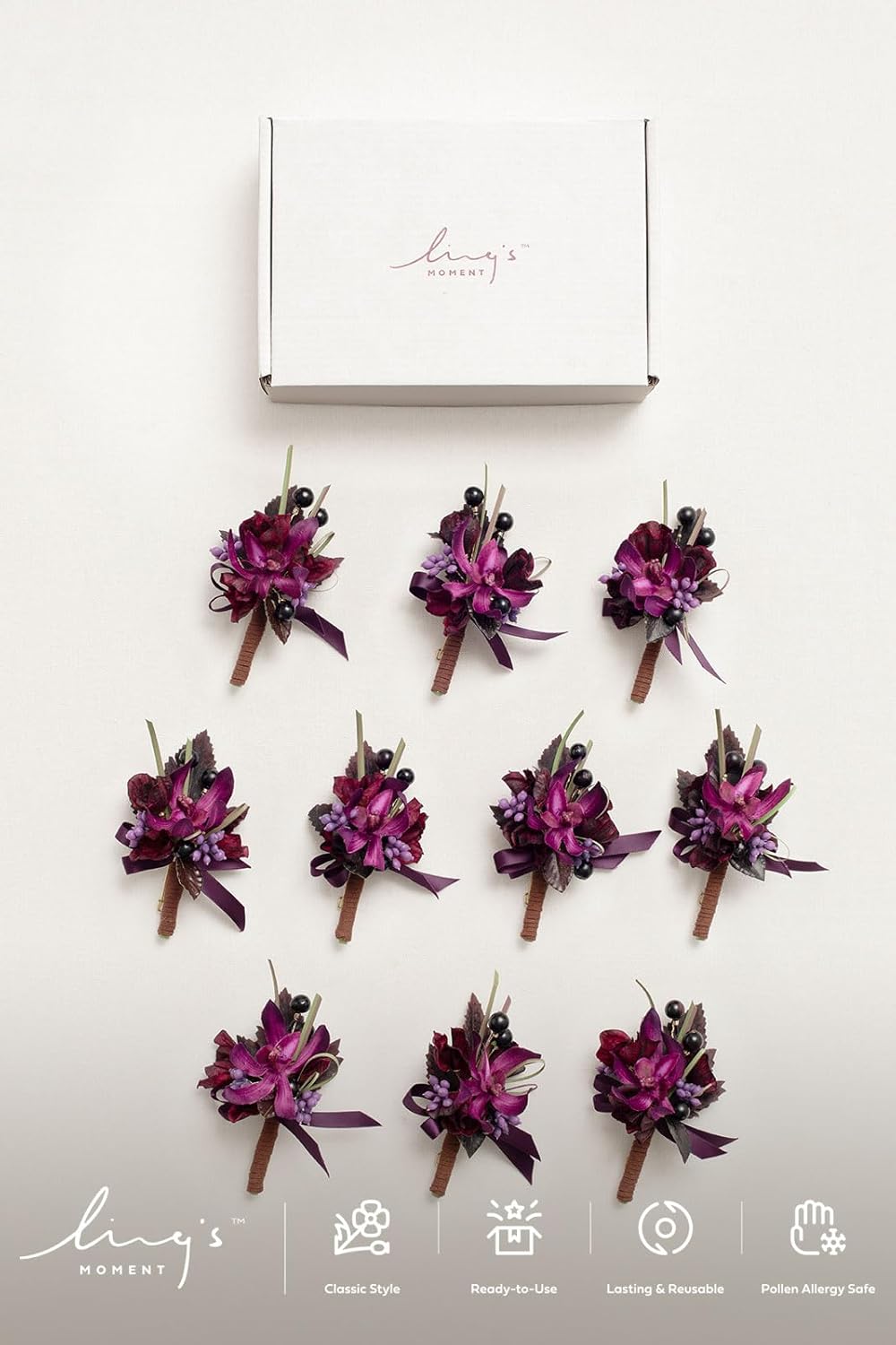 Ling's Moment Boutonniere for Men, 10pcs Groomsmen Guest Boutonniere, Artificial Flowers for Wedding Décor/Prom/Homecoming,etc.Deep Purple