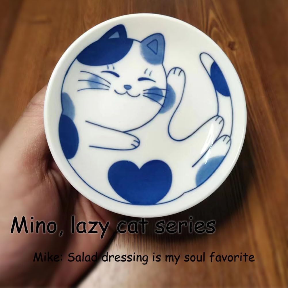 Cute Cat Soy Sauce Plate Set of 4, Japanese Ceramic Cat Bowls - Small 4 Inches Set for Appetizer, Dessert, Sushi - Serving Dish Set of 4