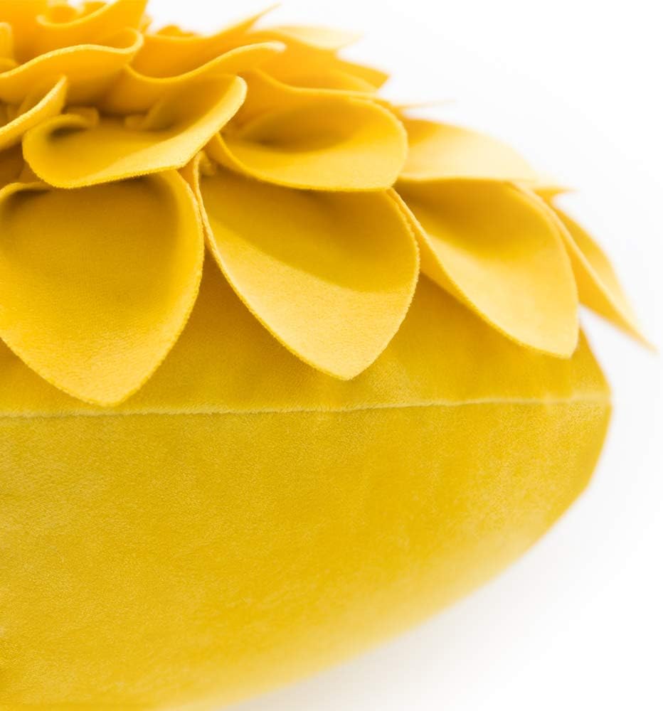 JWH 3D Flower Handmade Throw Pillow Covers Decorative Yellow Velvet Accent Pillow Cases Round Pillowcase Soft Cushion for Couch Bed Decor Euro Shams with Hidden Zipper 12 Inches Mustard