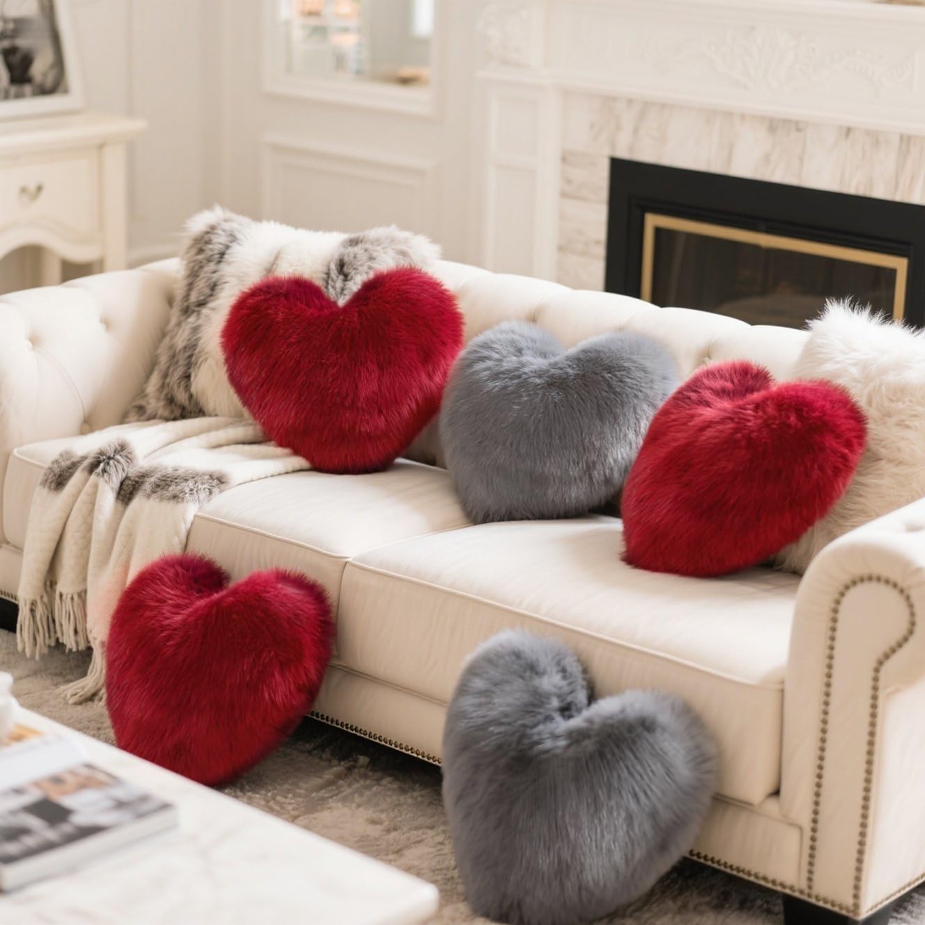 Grey Heart Pillow, Faux Fox Fur Heart Decorative Pillows, Heart Shaped Throw Pillow for Bed, Soft Fluffy Decorative Cushion for Chair Sofa Living Room - Plush Pillow Home Decor
