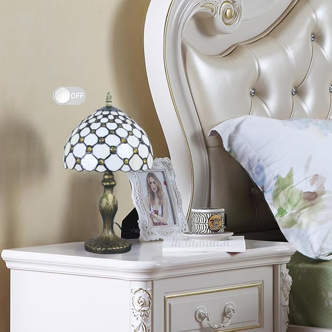 Tiffany Style Table Lamp 8'', White Tiffany Table Lamp for Bedroom Study Office Home Stained Glass Lamp