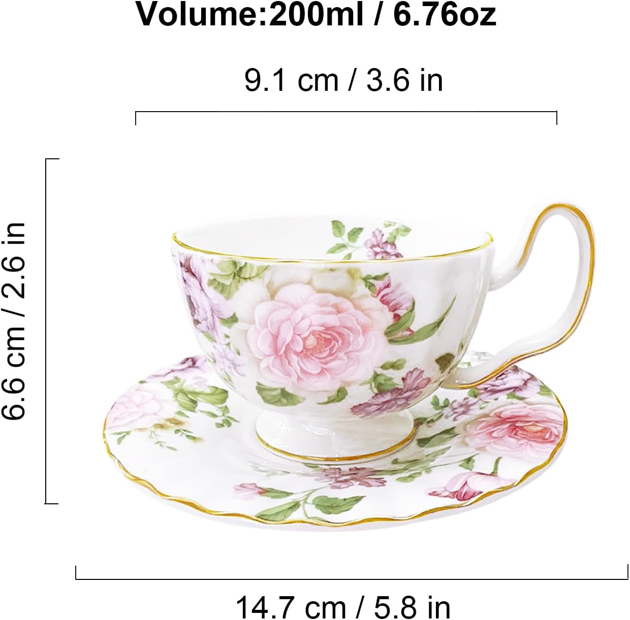 fanquare Porcelain Tea Cup and Saucer Set, Vintage Floral Coffee Mug, 5 Ounces Bone China Tea Cup with Gold Trim, Elegant British Tea Cups