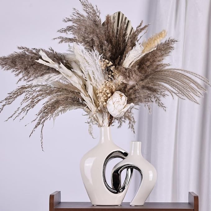 White and Silver Hollow Ceramic Vase Set of 2, Modern Nordic Boho ins Style Aesthetic Decorative Flower Vase for Home Decor, Wedding, Living, Bedroom, Dining Table, Shelf, Mantle, Office Decor