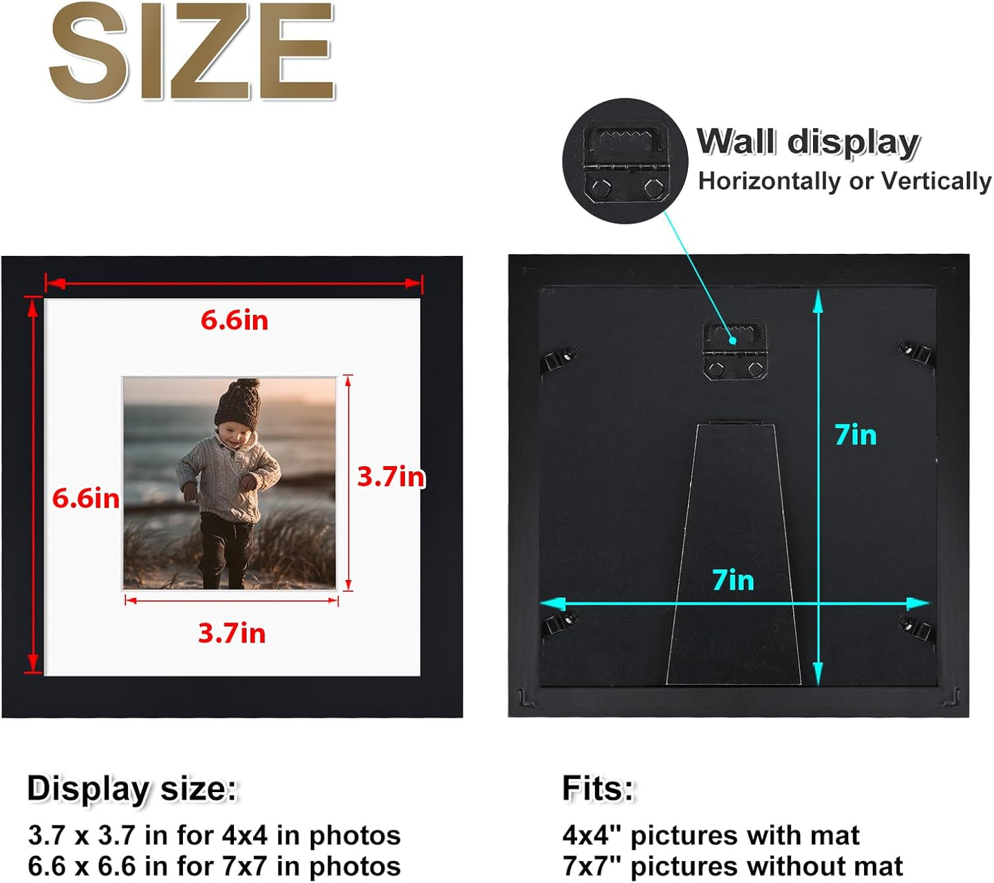 KINLINK 7x7 Picture Frame, Black Square Solid Wood Frames for Pictures 4x4 with Mat or 7x7 without Mat, Wall and Tabletop Display Photo Frames Black 4 Pack