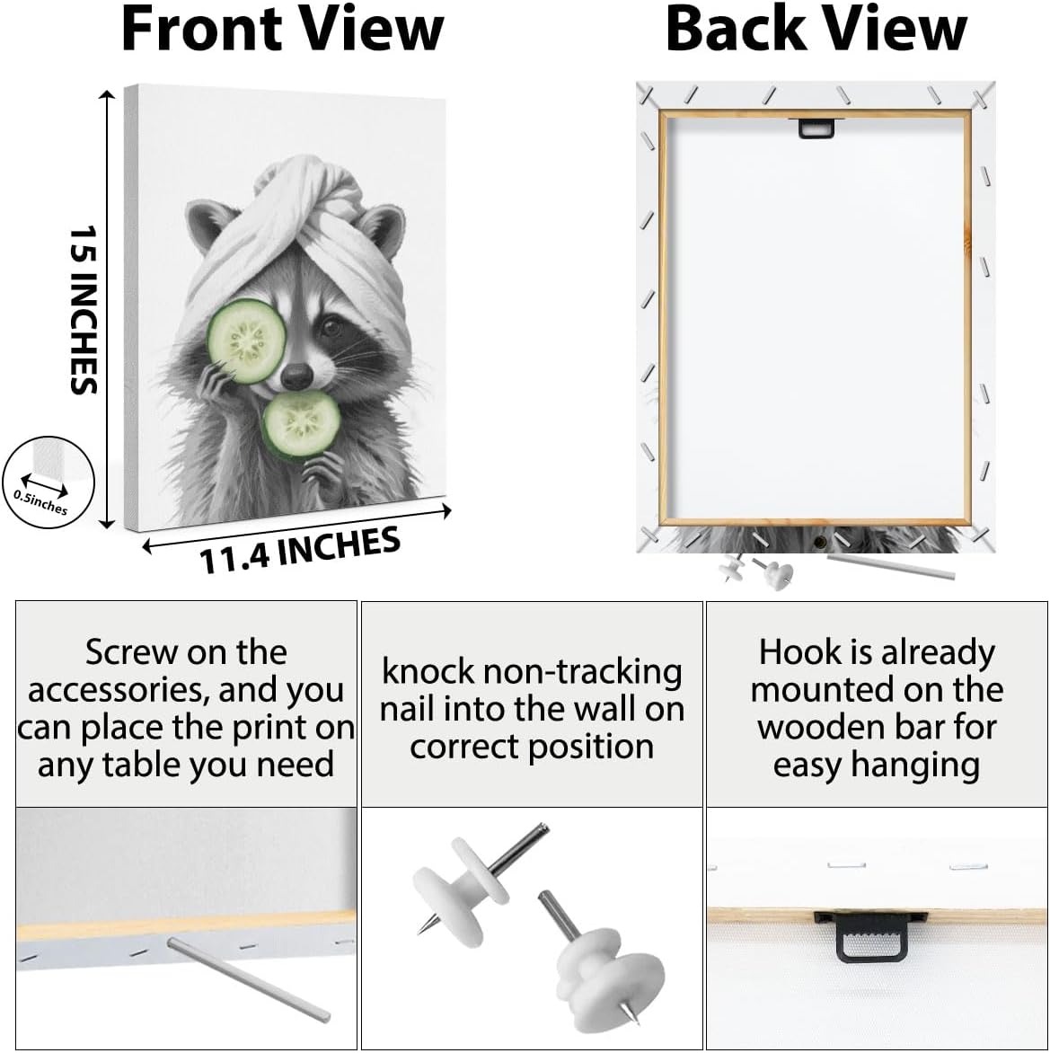 HZMLYDJ 3Pcs Adorable Raccoon Bathroom Wall Art, Modern Black and White Animal Wall Decor Funny Bathroom Sign Wood Rustic Farmhouse Interestring Washroom laundry room Decorations Animal Prints Wall