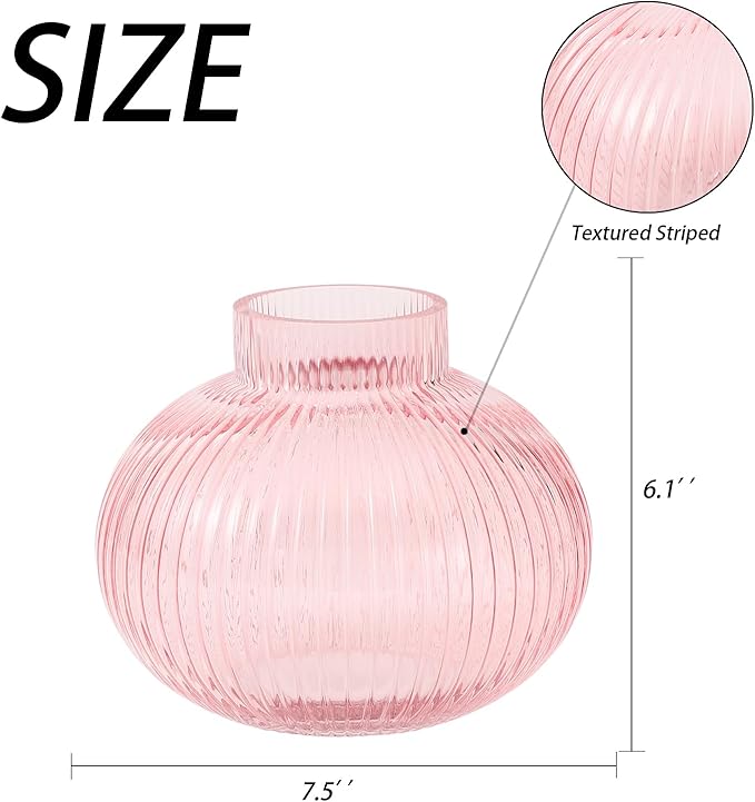 Pink Glass Vase for Tulips, Ribbed Glass Vase for Flowers, Round Flower Vases, Small Short Vases for Living Room, Office, Coffee Table, Shelf, Wedding, 6 Inches