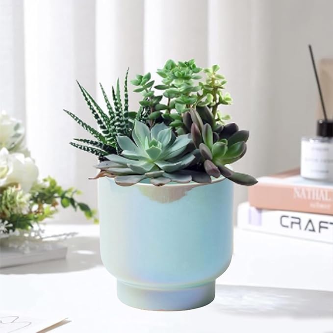LB Blue Ceramic Planters for Indoor Plants, Succulent Plant Pots Ceramic Plant Pot, Modern Flower Pots for Living Room Office Home Decor, Round Flower Pot of 4.3 Inch(Plant Not Included)