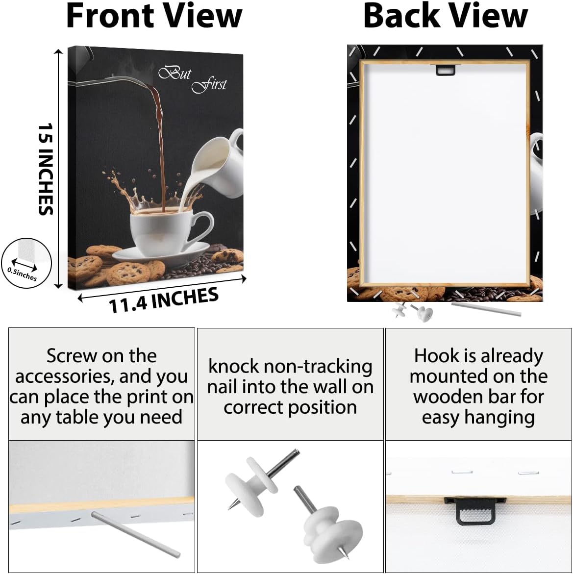 HZMLYDJ Coffee Bar Wall Art Decor, But First Coffee Bar Sign Kitchen Frames Art Pictures Canvas Dining Room Office Wall Decor Christmas Housewarming Gifts Modern Decorations