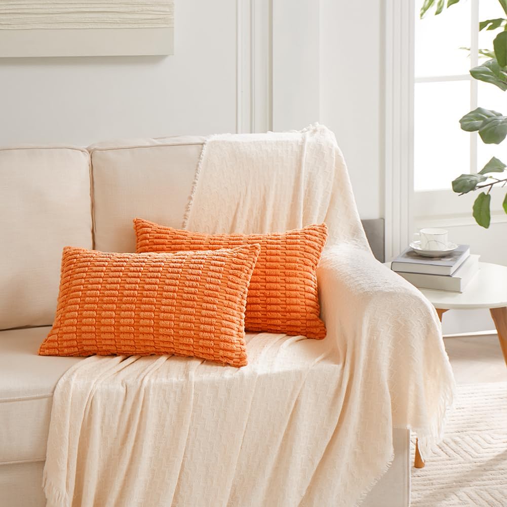 Fancy Homi 4 Packs Orange Fall Decorative Throw Pillow Covers 12x20 Inch for Couch Living Room Bed Sofa, Halloween Pumpkin Autumn Home Decor, Soft Cute Plush Corduroy Striped Cushion Case 30x50 CM