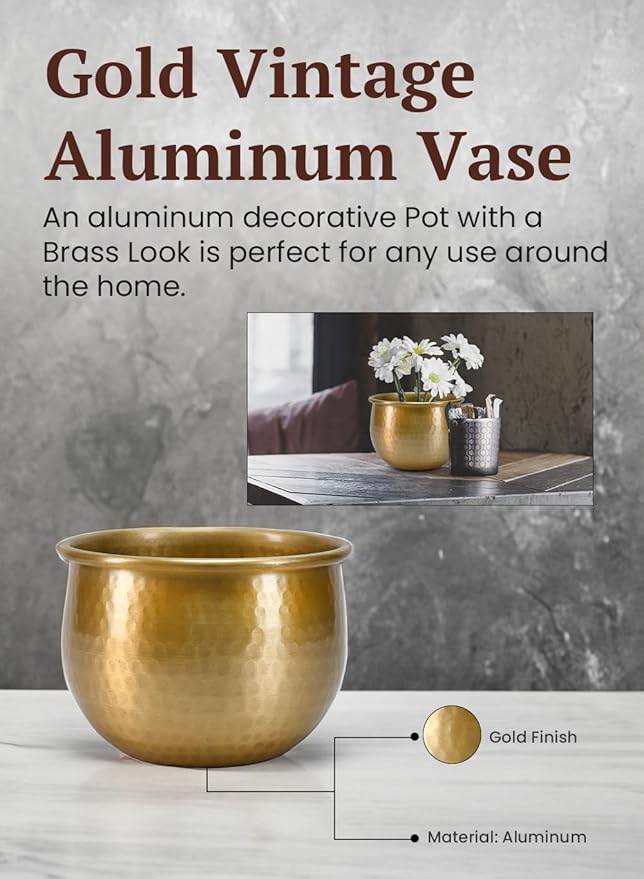 Serene Spaces Living Gold Brass Look Vintage Aluminum Vase - Perfect Decorative Accent for Plants, Weddings, and Events, Metallic Pot for Home, Small, Measures 6.75" Diameter and 5" Tall