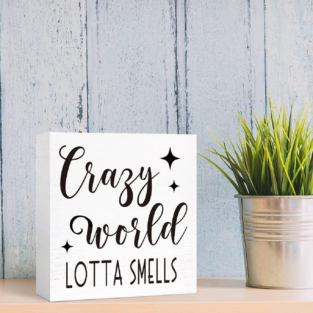 Funny Crazy World Lotta Smells Wood Block Sign for Shelf, Tabletop Decor - Farmhouse Bathroom Wooden Box Sign