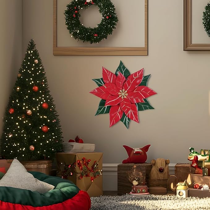 YEAHOME Chrismas Wall Decorations Indoor - 16 inch Metal Flower Wall Art Decor, Poinsettia Yard Garden Decor Hanging for Kitchen, Bathroom, Bedroom, Handmade Gift for Home, Indoor or Outdoor