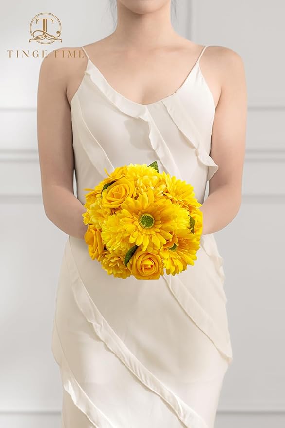 TINGE TIME Artificial Flowers Combo Box Set, Bright Yellow Gradient Color Fake Flower Leaf with Stems for DIY Wedding Bouquets Table Centerpieces Baby Shower Home Party Floral Arrangements Decorations