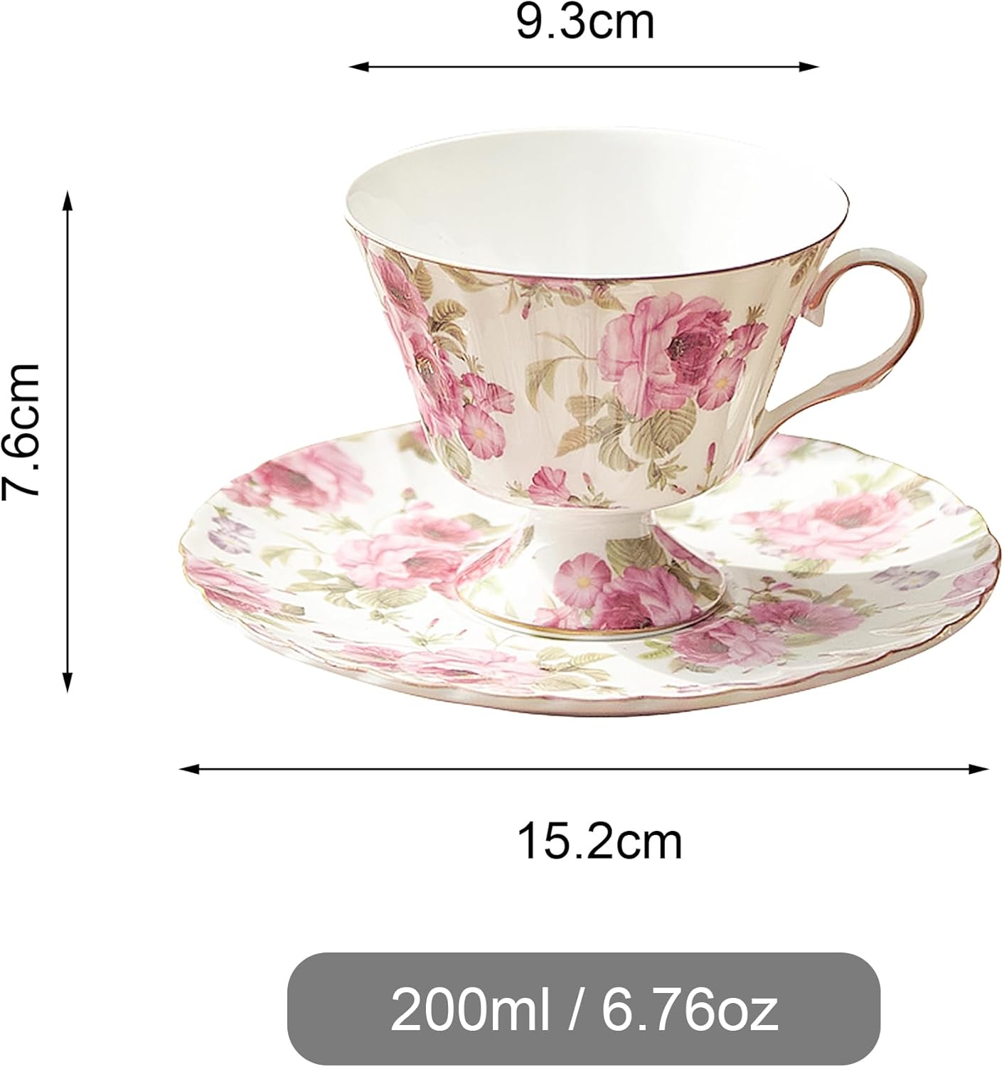 fanquare Rose Tea Cup and Saucer, Vintage Ceramic Tea Cups for Women Gift, Retro Floral Coffee Cup for Cappuccino Black Tea, 5oz