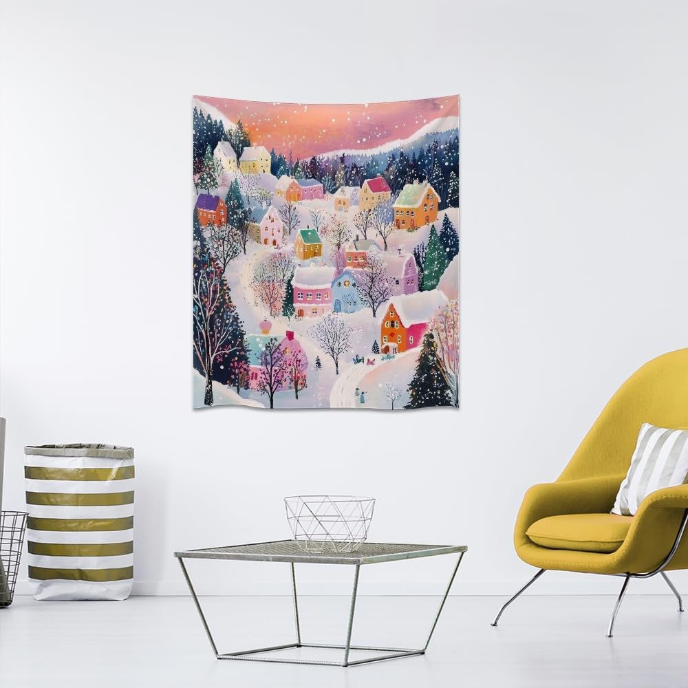 Medpol Vintage Christmas Wall Tapestry Christmas Landscape Tapestry Winter Scene Pictures Wall Hanging Country Town Tapestries for Living Room Dorm Home 50x60inch